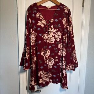 Entro Bohemian Floral Burgundy Women's Mini Limed, Flowy Sleeve, Metal Ring Neck